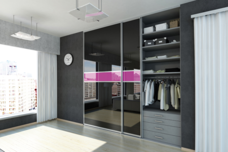 Four door sliding wardrobe with Jet Black and Fuchsia Glass