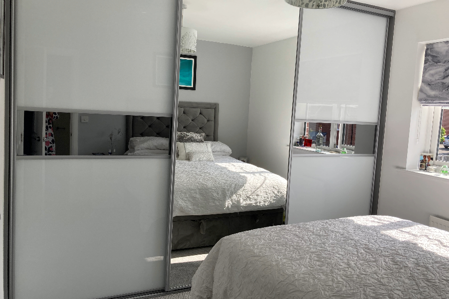 3 Door Wardrobe - Mirror & Pure White Glass Doors Framed in Satin Silver & Dusk Grey Casing