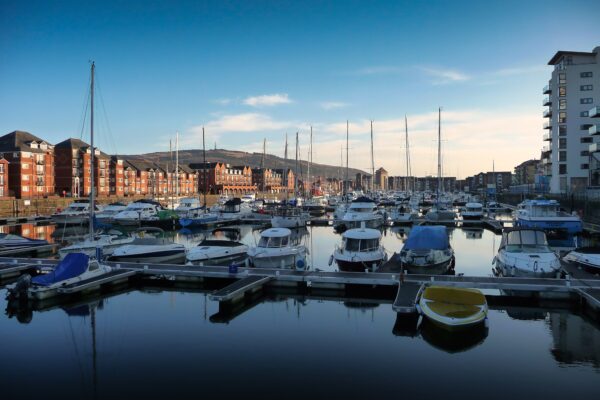 Moored boats on Swansea waterfront