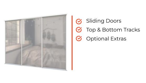 Sliding Door Kit graphic showcasing what is included in a sliding door kit, which includes sliding doors, top & bottom tracks and optional extras.